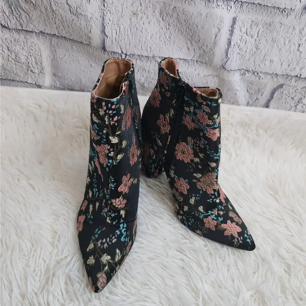 Charlotte Russe Black And Pink Floral Embroidered Dark Romantic Ankle Boots